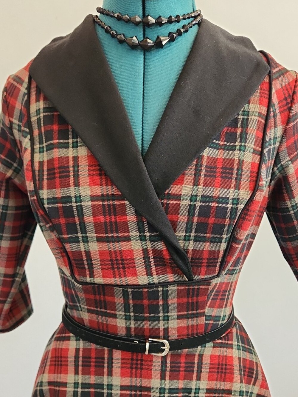 👠Unique Vintage Trudy 50'S Red And Black Plaid Swing Dress with Collar SZ M - Picture 4 of 14